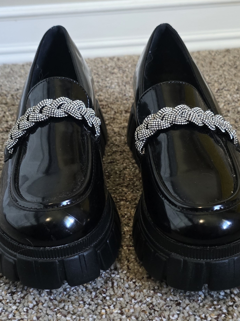 Liliana Black Patent Platform Loafers with Silver Braided Detail